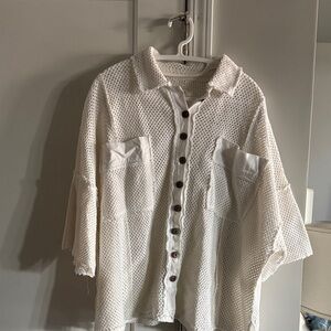 We The Free Open-Knit Cream Button-Up Blouse
